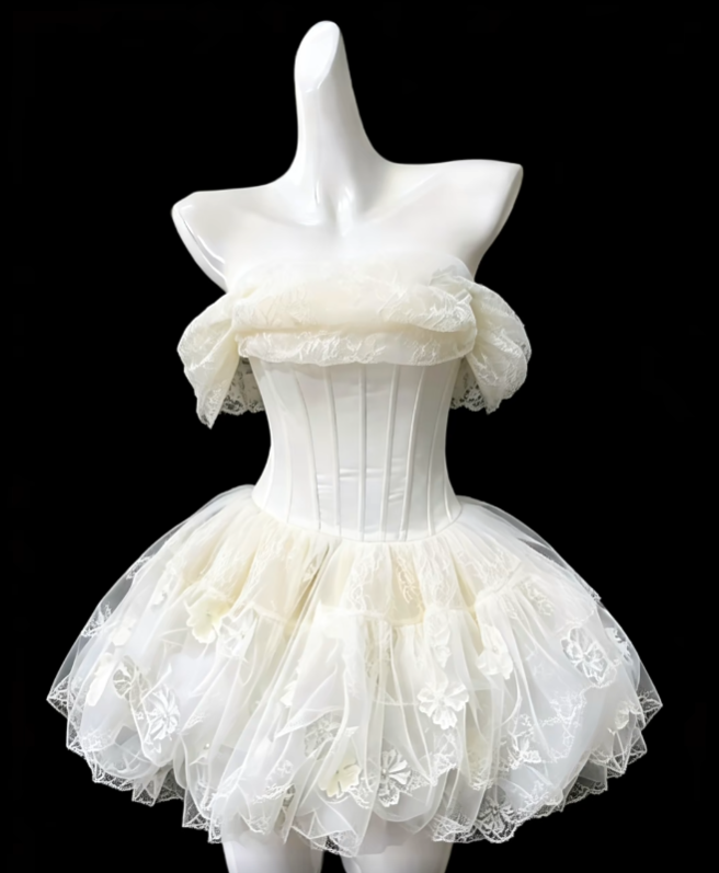 Bescheidene Ballkleid Schulterfrei Weiß Spitze Mini Kurze Hoco Kleid Abiballkleider N4687