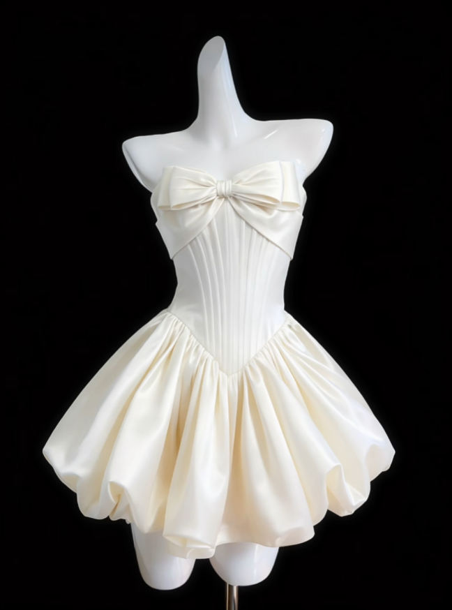 Wunderschönes Ballkleid, trägerlos, aus weißem Satin mit Schleife, Abschlussball-Inspiration, Abschlussballkleider, Hoco-Kleider, kurze Heimkehrkleider N4688