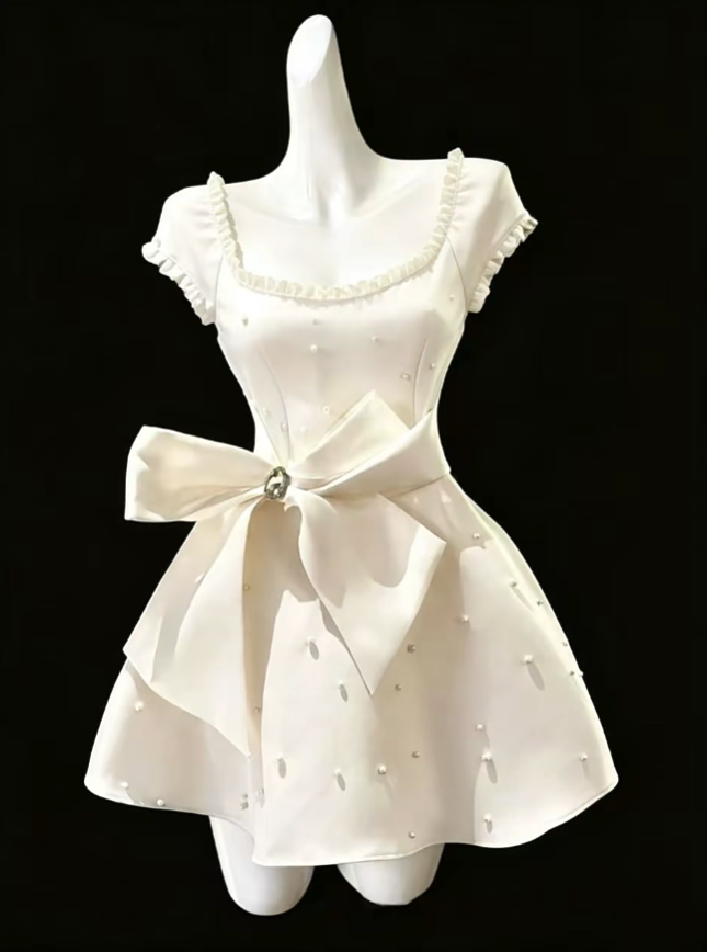 Robes de bal uniques Col carré Blanc avec manches Mini Senior Courtes Robes de rentrée scolaire Lycée Robes de retour à la maison N4692