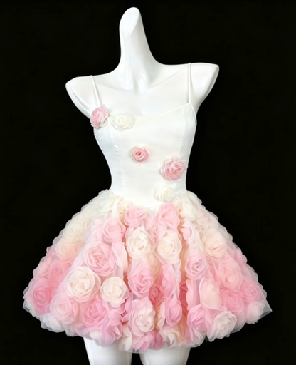 Hübsches Ballkleid Spaghettiträger Weißer Tüll mit 3D-Blumen Mini Senior Inspo Abschlussball Kurze Homecoming Kleider N4693