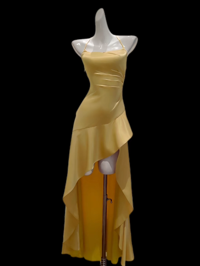 Sexy Ballkleider High-Low Spaghettiträger Gelb mit Schlitz Abend Lange Formelle Kleid N4695