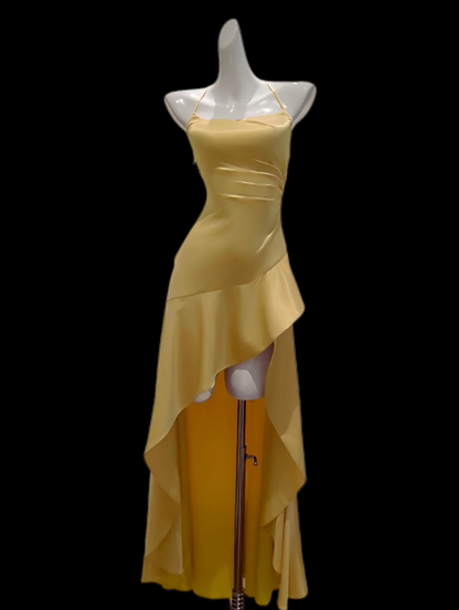 Sexy Ballkleider High-Low Spaghettiträger Gelb mit Schlitz Abend Lange Formelle Kleid N4695