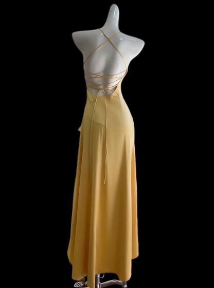 Sexy Ballkleider High-Low Spaghettiträger Gelb mit Schlitz Abend Lange Formelle Kleid N4695