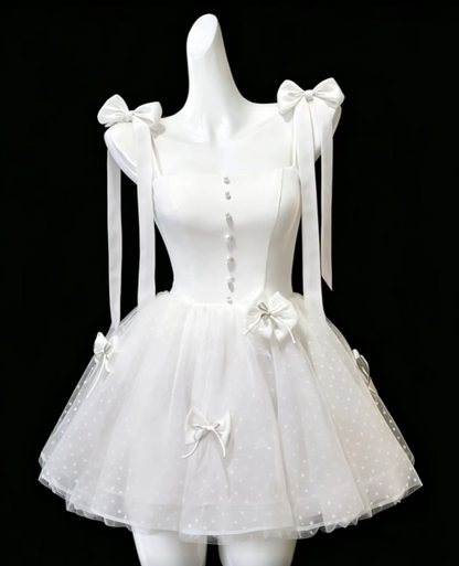 Hübsches Ballkleid Spaghettiträger Weißer Tüll mit Schleife Mini Senior Inspo Abschlussball Kurze Homecoming Kleider N4696