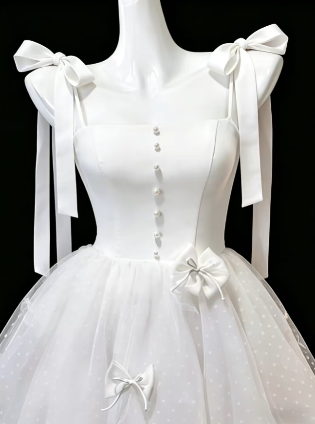 Hübsches Ballkleid Spaghettiträger Weißer Tüll mit Schleife Mini Senior Inspo Abschlussball Kurze Homecoming Kleider N4696