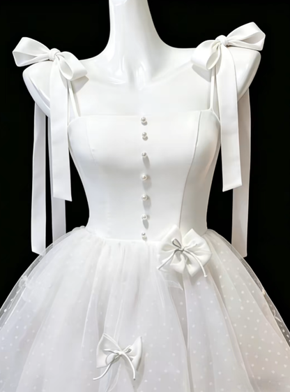 Hübsches Ballkleid Spaghettiträger Weißer Tüll mit Schleife Mini Senior Inspo Abschlussball Kurze Homecoming Kleider N4696