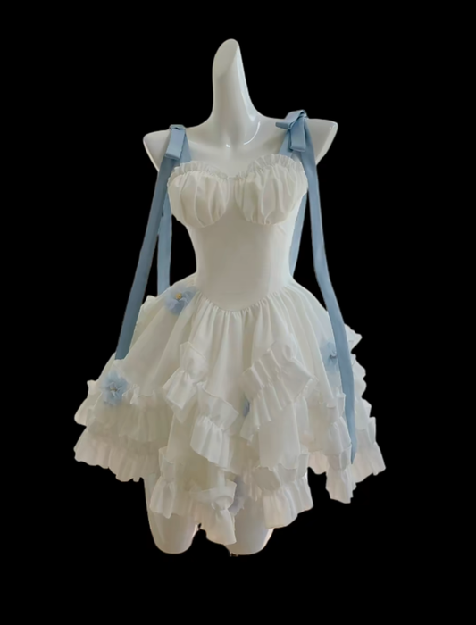 Pretty Ball Gown Spaghetti Strap White With Blue Flowers Mini Senior Inspo Graduation Short Homecoming Dresses N4698