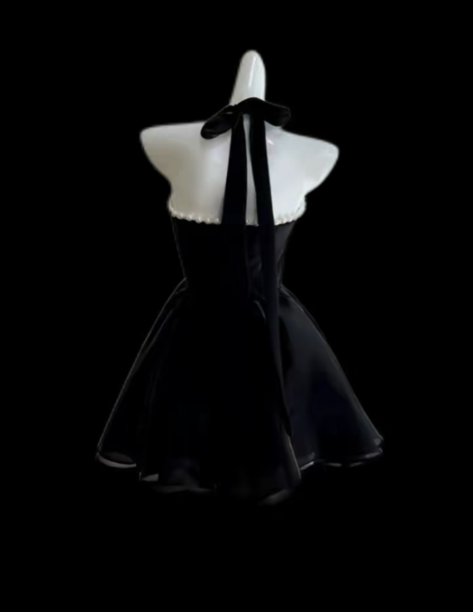 Robe de bal modeste, licou, petite robe noire en satin mini, robe de hoco courte pour lycée, robes de bal de rentrée N4699