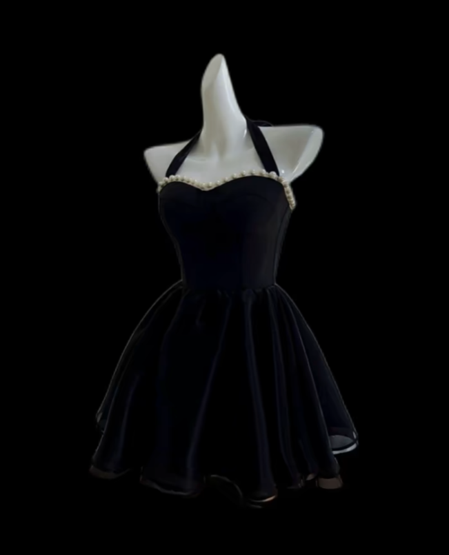 Robe de bal modeste, licou, petite robe noire en satin mini, robe de hoco courte pour lycée, robes de bal de rentrée N4699