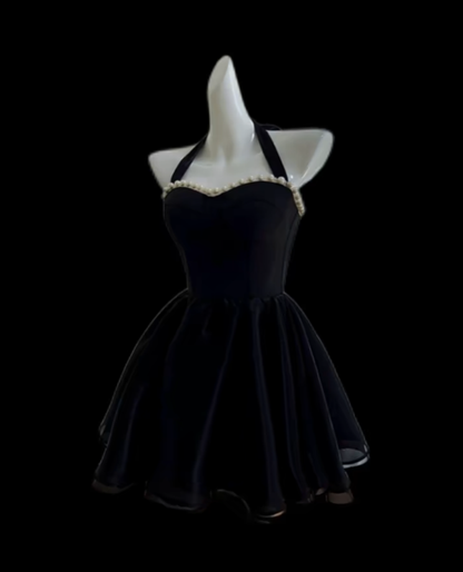 Robe de bal modeste, licou, petite robe noire en satin mini, robe de hoco courte pour lycée, robes de bal de rentrée N4699
