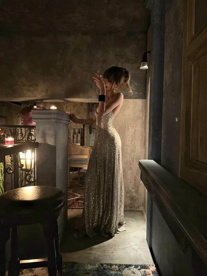 Robe de bal longue champagne à fines bretelles et corset lacé, style sirène scintillante, inspiration pour un 18e anniversaire, robe de soirée N472