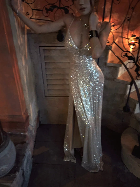 Robe de bal longue champagne à fines bretelles et corset, style sirène scintillante, inspiration pour un 18e anniversaire - Robe de soirée N471