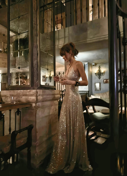 Robe de bal longue champagne à fines bretelles et corset lacé, style sirène scintillante, inspiration pour un 18e anniversaire, robe de soirée N472