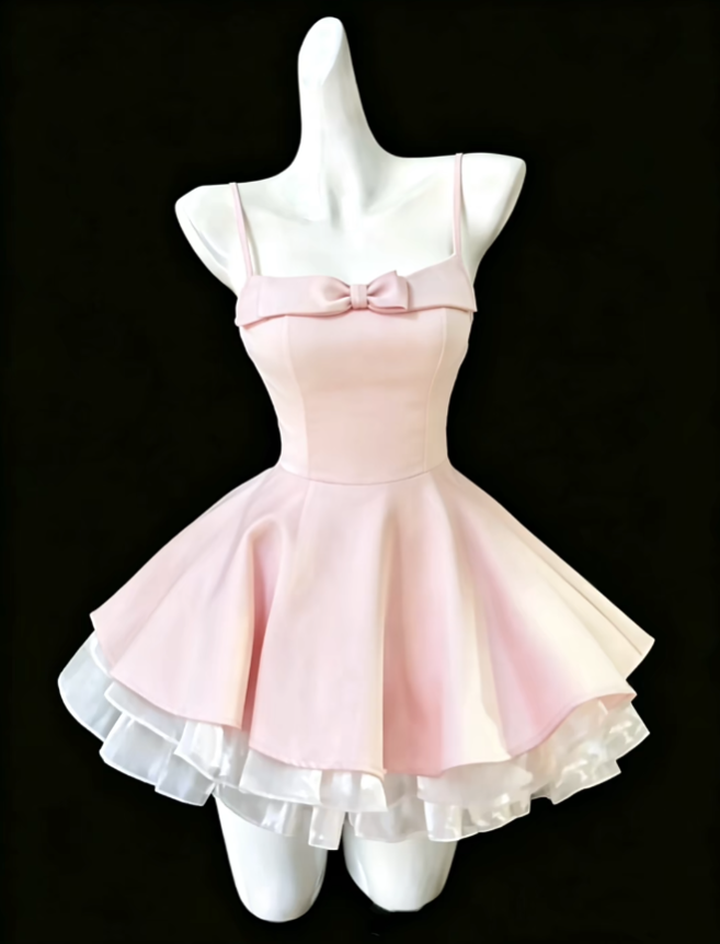 Jolie robe de bal courte, bretelles spaghetti, blanche et rose, pour la remise des diplômes ou le retour à la maison N4700