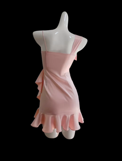 Hübsches Etui aus rosa Satin mit Rüschen, Abschlussballkleider für Senioren, kurze Heimkehrkleider N4701