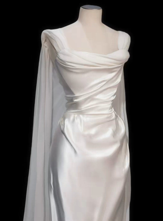 Simple Mermaid Strapless With Strap Cape Satin Garden White Wedding Dress N4708
