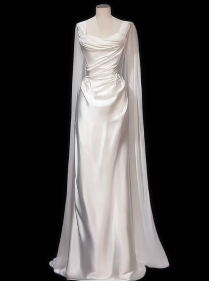 Simple Mermaid Strapless With Strap Cape Satin Garden White Wedding Dress N4708