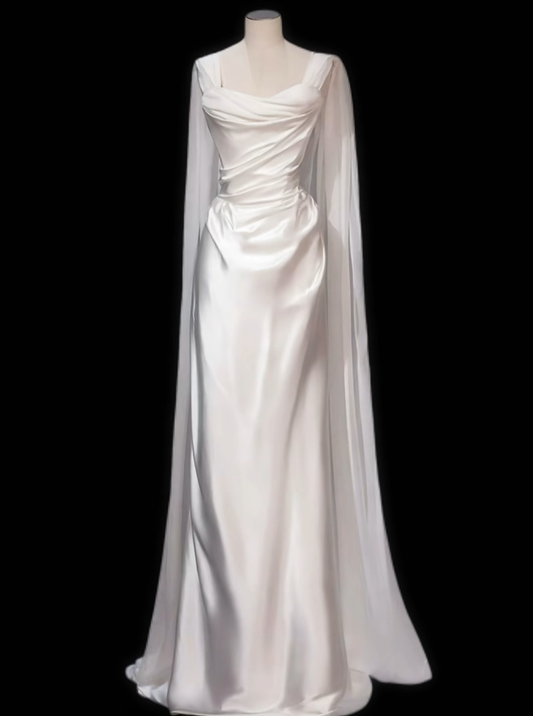 Simple Mermaid Strapless With Strap Cape Satin Garden White Wedding Dress N4708