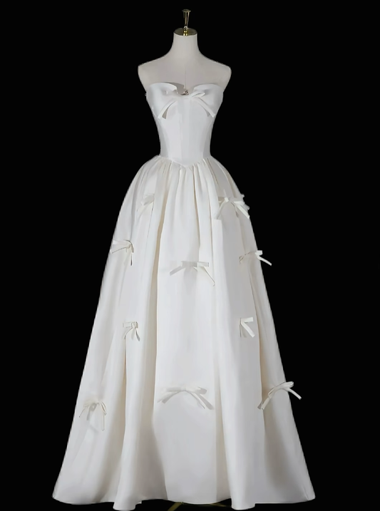 Cute A line Sweetheart Sleeveless Long Satin Garden White Wedding Dresses N4712