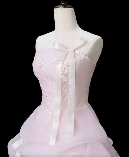 Princess Prom Dresses Ball Gowns Strapless Sleeveless Pink Evening Long Formal Dress N4720