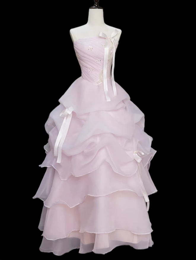 Princess Prom Dresses Ball Gowns Strapless Sleeveless Pink Evening Long Formal Dress N4720
