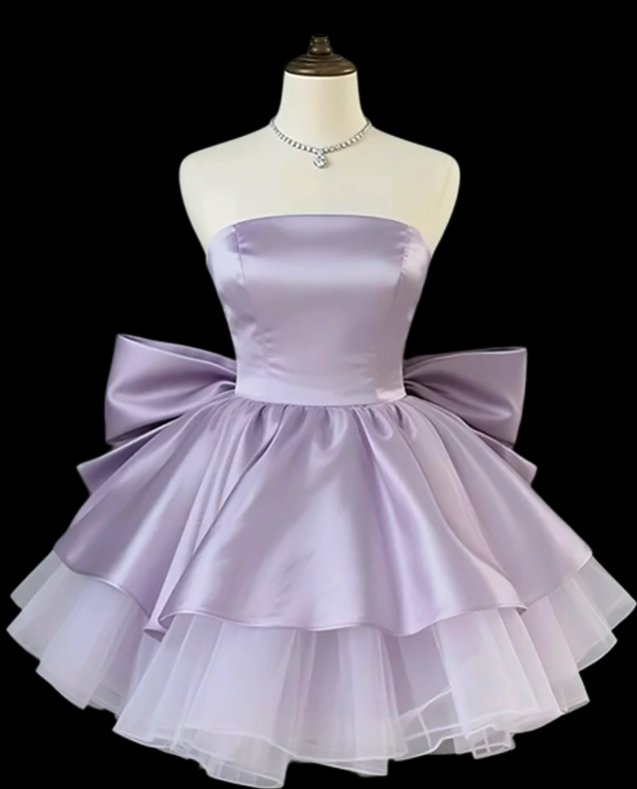 Robes de bal uniques en satin lilas sans bretelles avec nœud, mini robes de bal courtes pour seniors N4721