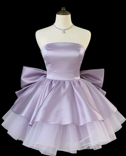 Robes de bal uniques en satin lilas sans bretelles avec nœud, mini robes de bal courtes pour seniors N4721
