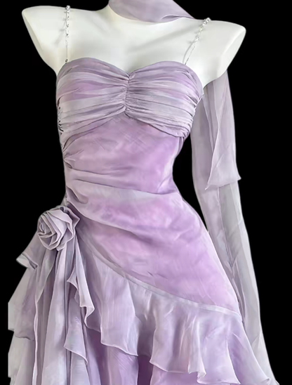 Elegantes Etui Spaghetti-Träger Ärmellos Flieder Chiffon Mit Schal Mini Senior Inspo Kurze Homecoming Kleider N4722