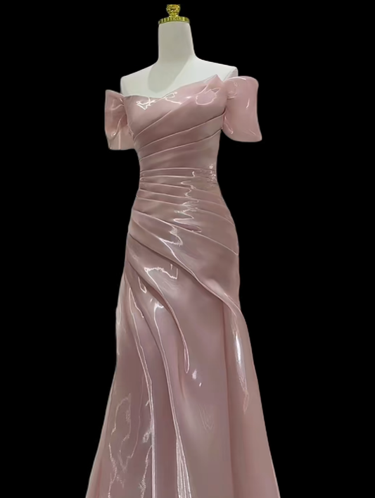 Sexy Prom Dresses Mermaid Off The Shoulder Pink With Sleeves Evening Long Formal Dress N4725