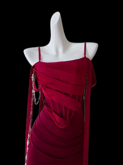 Robes de bal sexy Sirène Bretelles fines Rouge Avec Plis Robe de soirée longue Formelle N4726