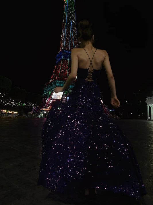 Robe de bal sirène à fines bretelles et sequins violets, longue, idéale pour un 18e anniversaire ou une soirée formelle (N477)