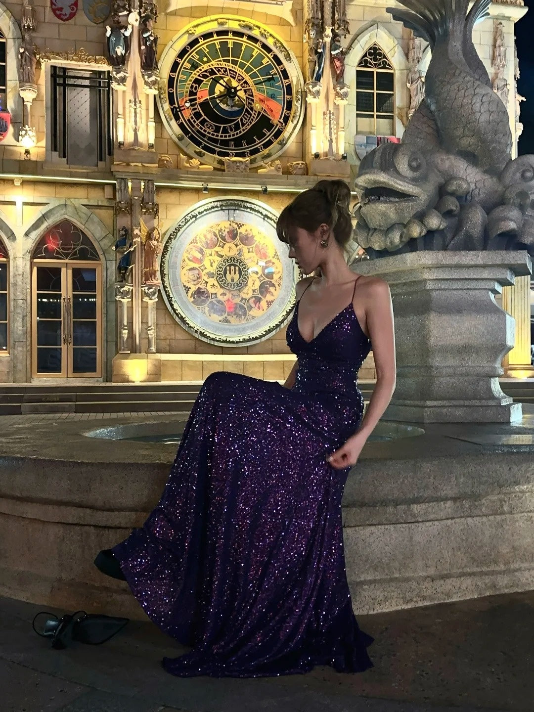 Funkelndes Meerjungfrauen-Abendkleid mit Spaghettiträgern, lila Pailletten, langes Abendkleid zum 18. Geburtstag, formelles Kleid N478