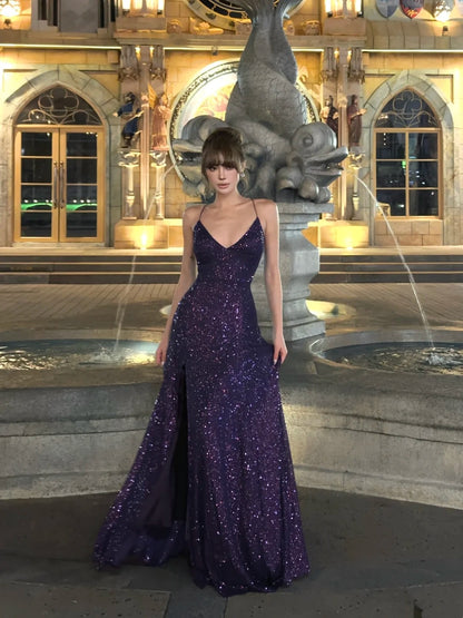 Robe de bal sirène à fines bretelles et sequins violets, longue, idéale pour un 18e anniversaire ou une soirée formelle (N477)