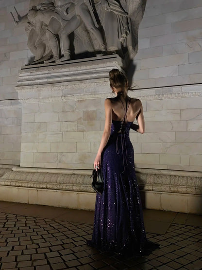 Funkelndes Meerjungfrauen-Abendkleid mit Spaghettiträgern, lila Pailletten, langes Abendkleid zum 18. Geburtstag, formelles Kleid N478