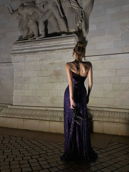 Elegantes, lila Pailletten-Abendkleid im Meerjungfrauenstil mit Spaghettiträgern – Langes Abendkleid zum 18. Geburtstag – Festliches Kleid N479