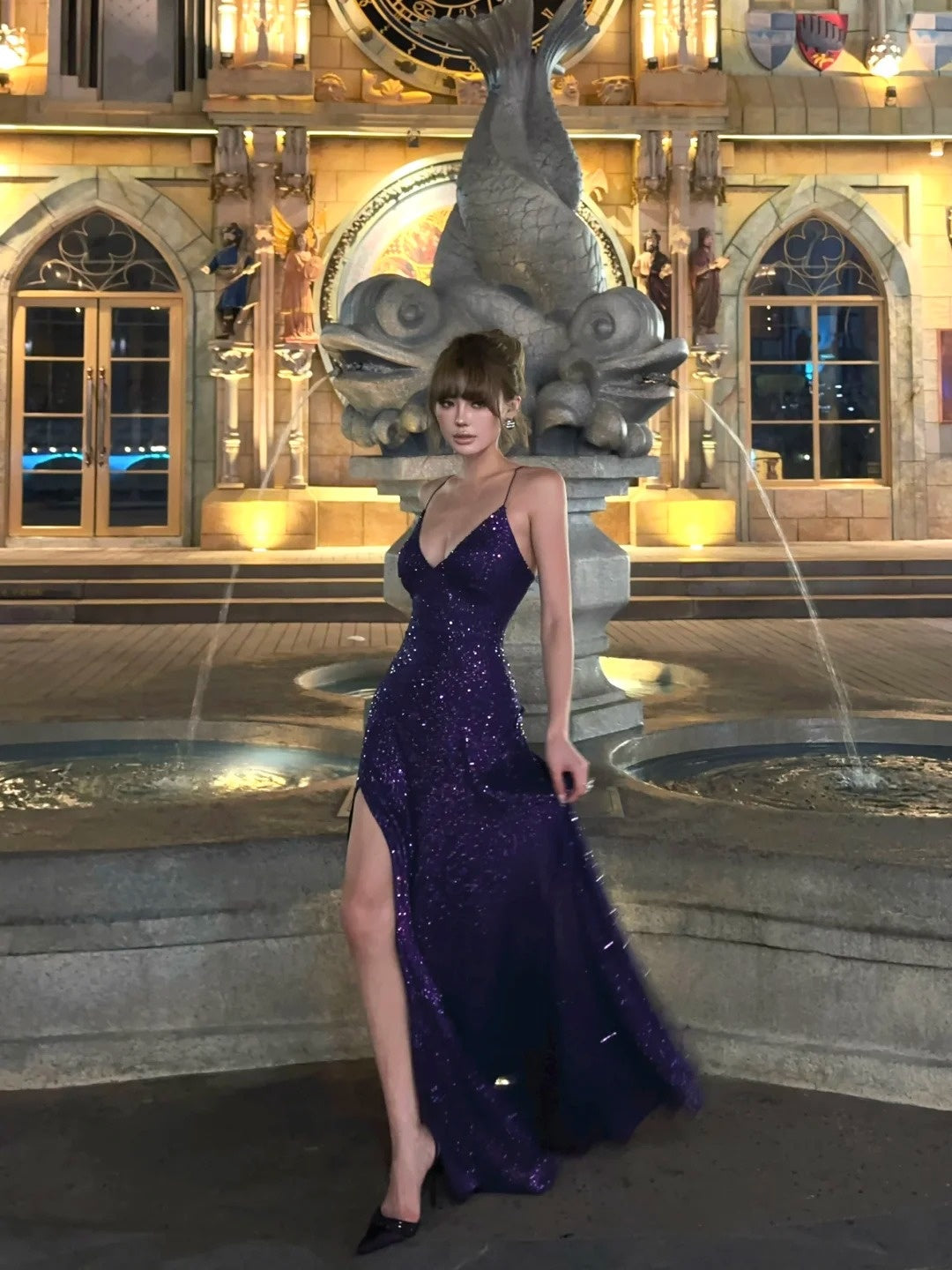 Elegantes, lila Pailletten-Abendkleid im Meerjungfrauenstil mit Spaghettiträgern – Langes Abendkleid zum 18. Geburtstag – Festliches Kleid N479