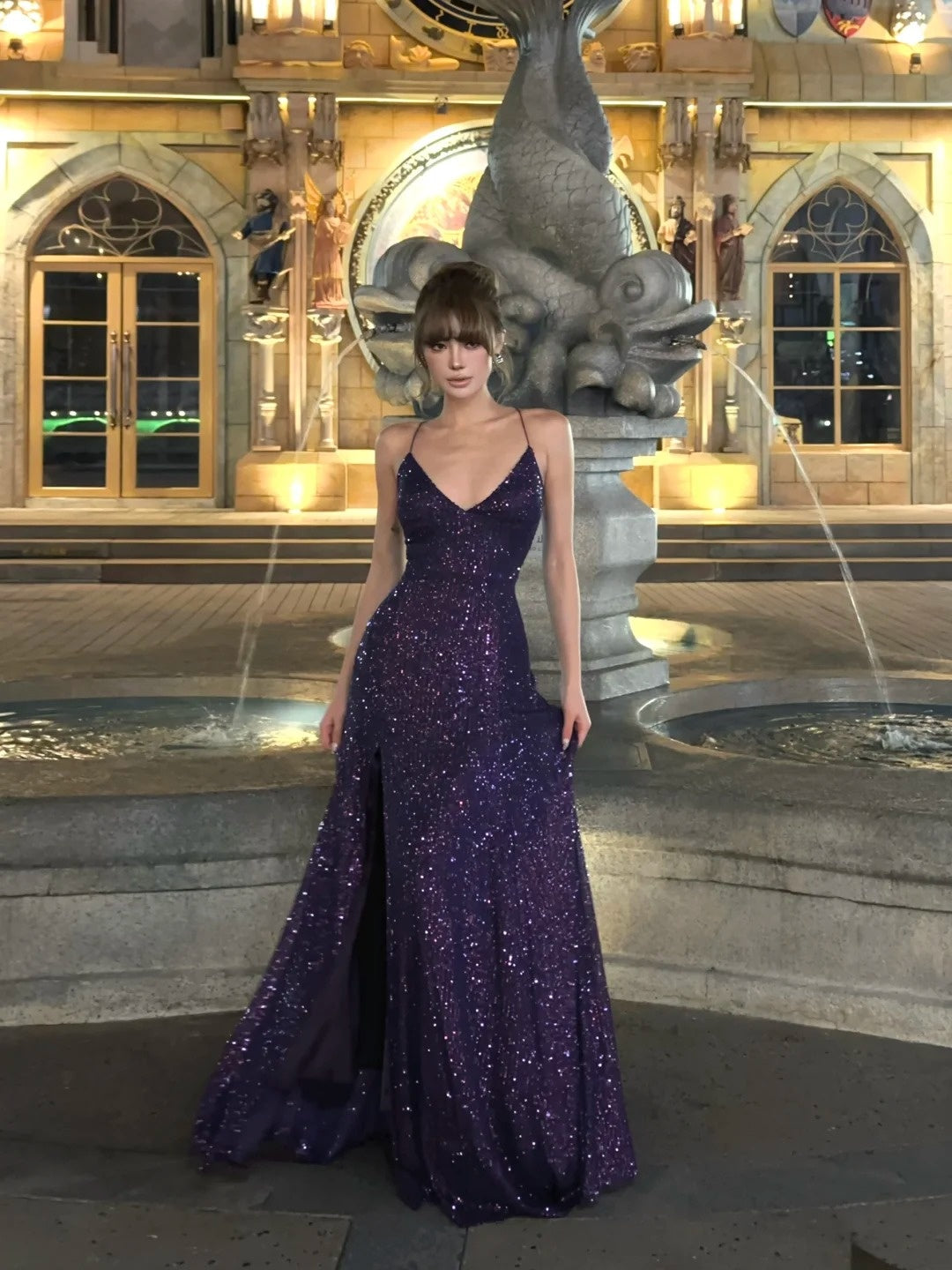 Elegantes, lila Pailletten-Abendkleid im Meerjungfrauenstil mit Spaghettiträgern – Langes Abendkleid zum 18. Geburtstag – Festliches Kleid N479