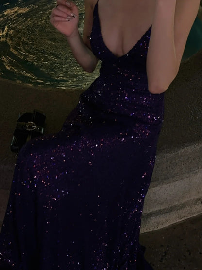 Elegantes, lila Pailletten-Abendkleid im Meerjungfrauenstil mit Spaghettiträgern – Langes Abendkleid zum 18. Geburtstag – Festliches Kleid N479