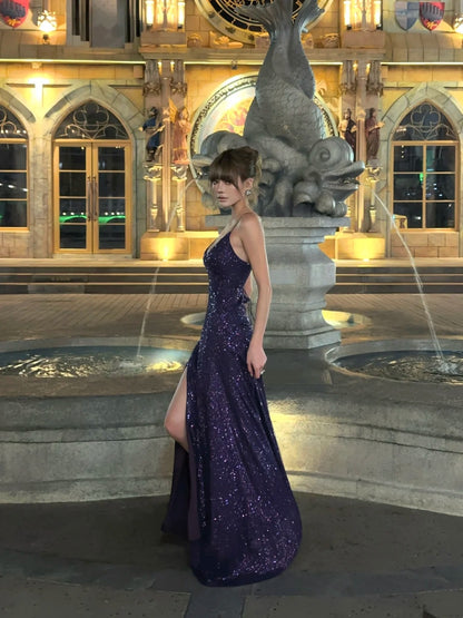 Robe de bal sirène à fines bretelles et sequins violets, longue, idéale pour un 18e anniversaire ou une soirée formelle (N477)