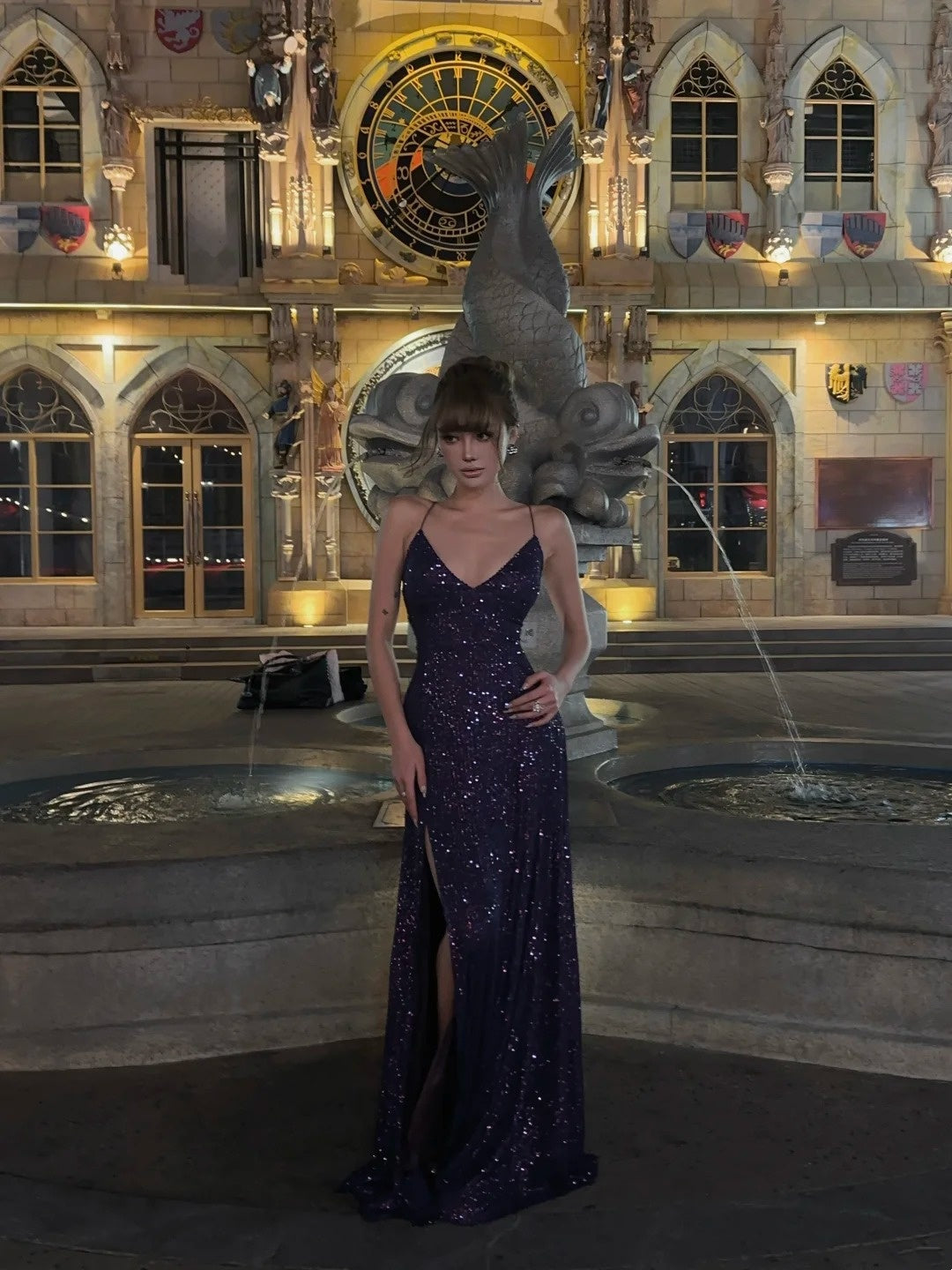 Robe de bal sirène à fines bretelles et sequins violets, longue, idéale pour un 18e anniversaire ou une soirée formelle (N477)