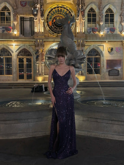 Robe de bal sirène à fines bretelles et sequins violets, longue, idéale pour un 18e anniversaire ou une soirée formelle (N477)