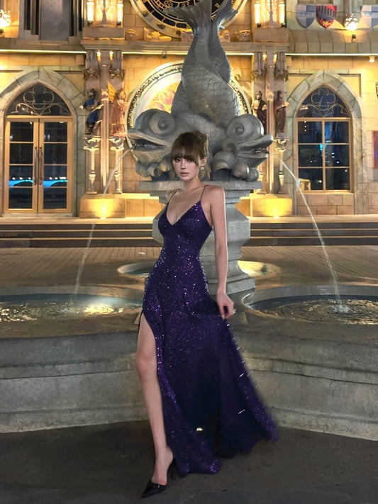 Robe de bal sirène à fines bretelles et sequins violets, longue, idéale pour un 18e anniversaire ou une soirée formelle (N477)