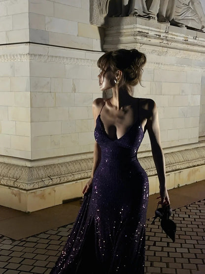 Robe de bal sirène à fines bretelles et sequins violets, longue, idéale pour un 18e anniversaire ou une soirée formelle (N477)