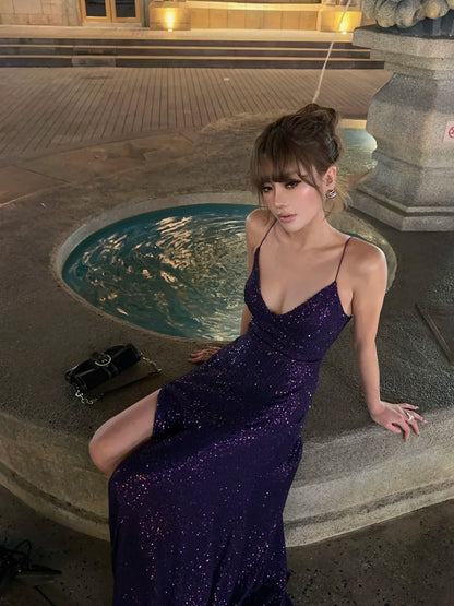 Robe de bal sirène à fines bretelles et sequins violets, longue, idéale pour un 18e anniversaire ou une soirée formelle (N477)