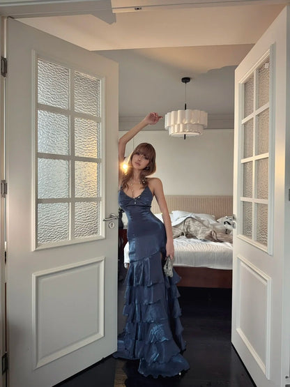 Robe de bal longue sirène vaporeuse à fines bretelles spaghetti, dos corset avec fente, bleu marine, robe de soirée formelle pour un 18e anniversaire N485