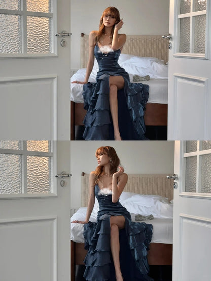 Robe de bal longue sirène vaporeuse à fines bretelles spaghetti, dos corset avec fente, bleu marine, robe de soirée formelle pour un 18e anniversaire N485