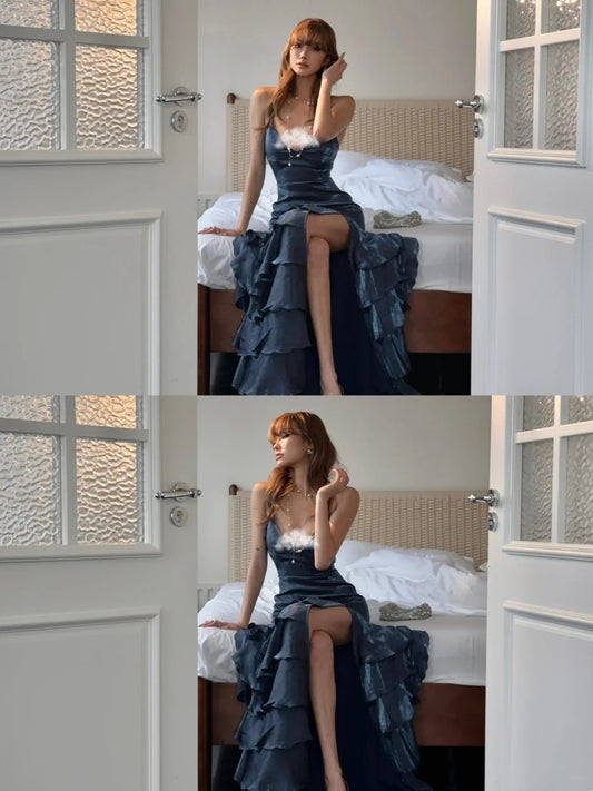 Robe de bal longue sirène vaporeuse à fines bretelles spaghetti, dos corset avec fente, bleu marine, robe de soirée formelle pour un 18e anniversaire N485