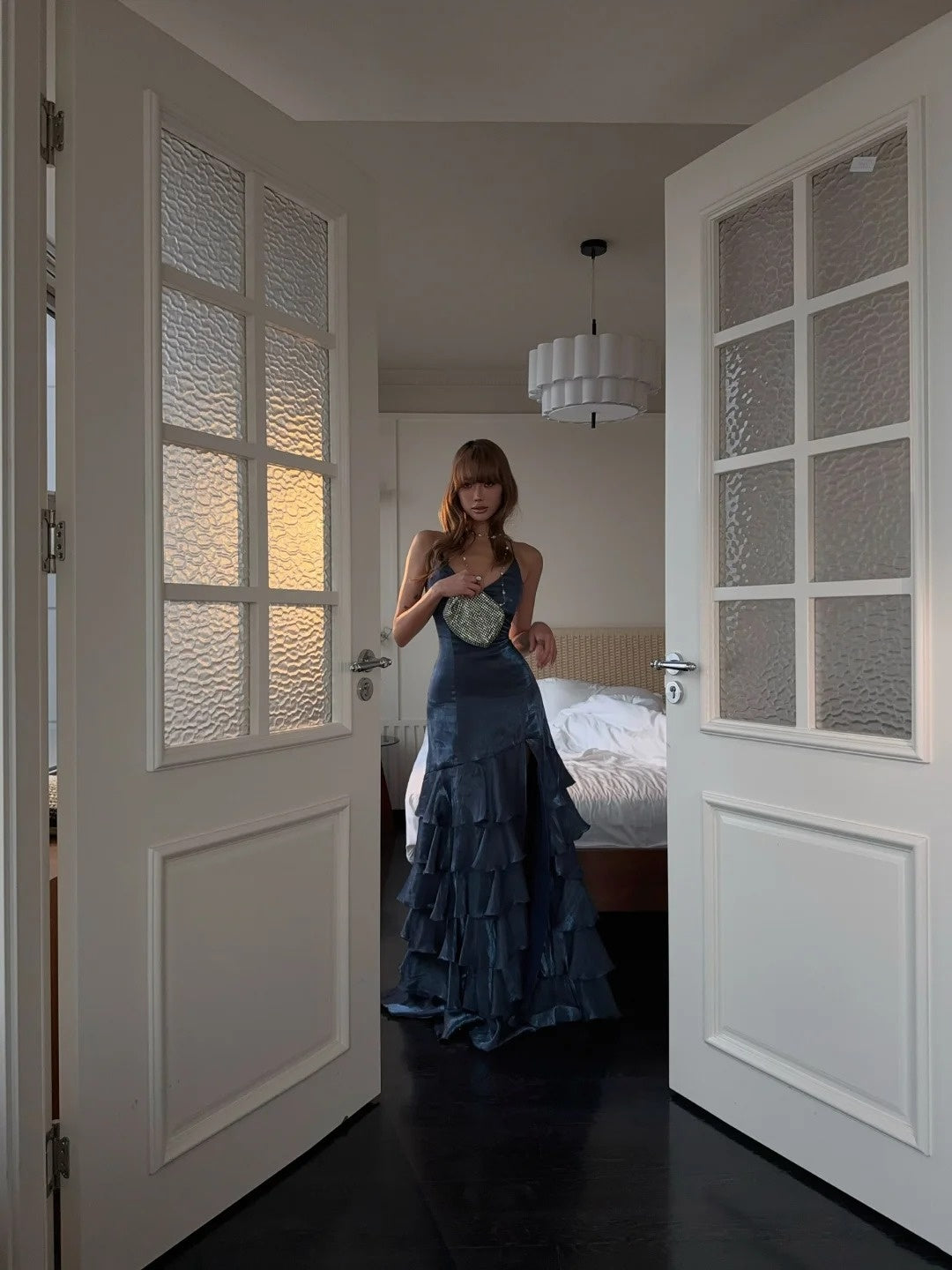 Robe de bal longue sirène vaporeuse à fines bretelles spaghetti, dos corset avec fente, bleu marine, robe de soirée formelle pour un 18e anniversaire N485
