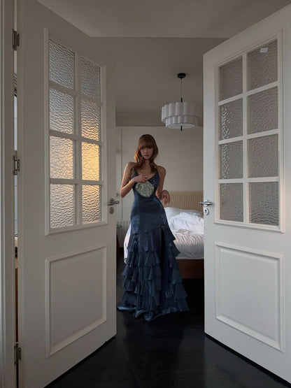 Robe de bal longue sirène vaporeuse à fines bretelles spaghetti, dos corset avec fente, bleu marine, robe de soirée formelle pour un 18e anniversaire N485