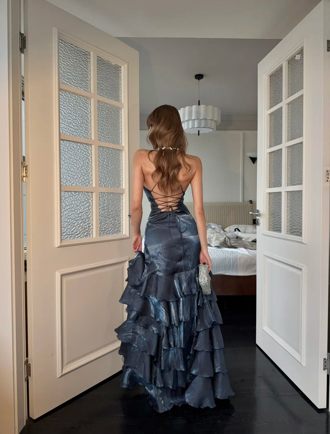 Märchenhaftes Meerjungfrauen-Abendkleid mit Spaghettiträgern, Korsettrücken, marineblau, langes Ballkleid, formelles Geburtstagskleid N483